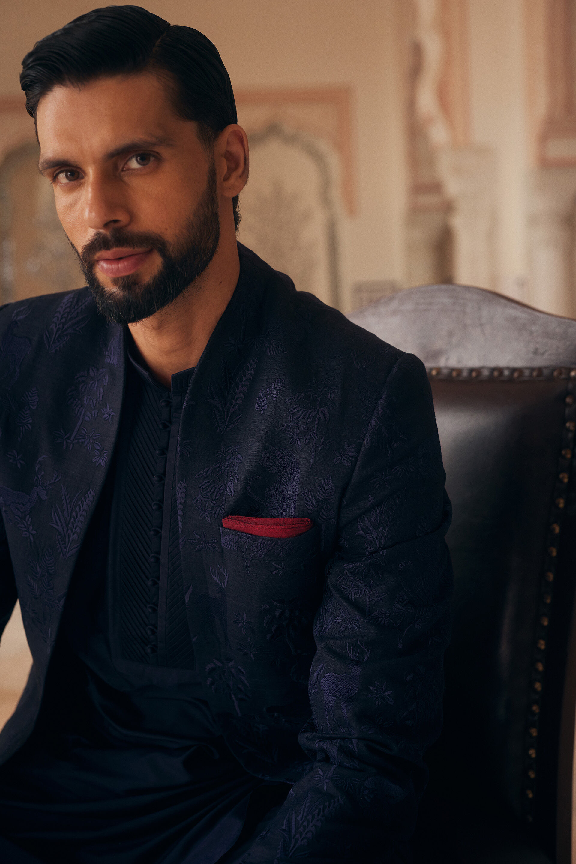 Parikshit Embroidered Silk Sherwani - Navy Blue, Navy Blue, image 4